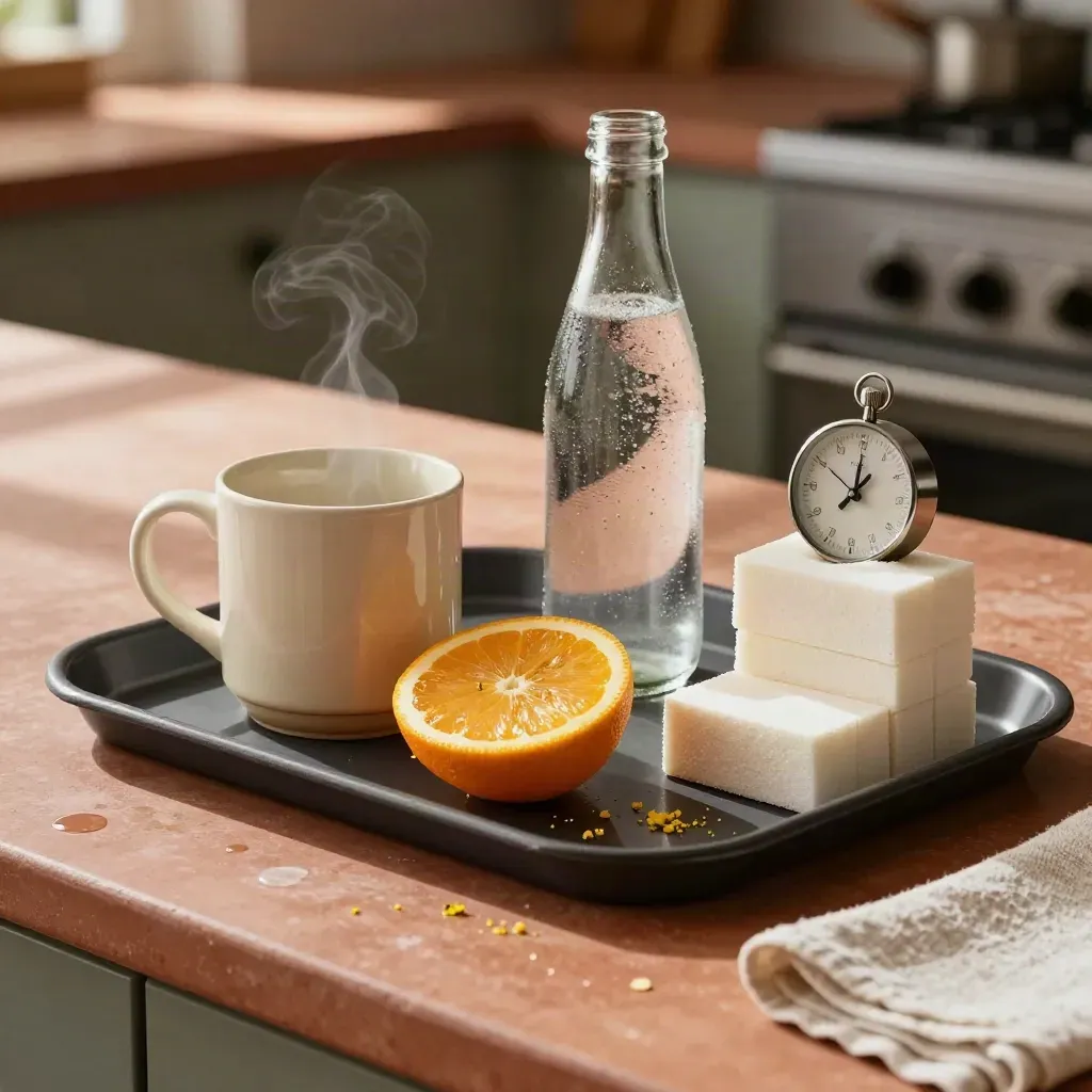 Refresh tray with mug, citrus, sparkling water, foam blocks, and timer on a warm counter.