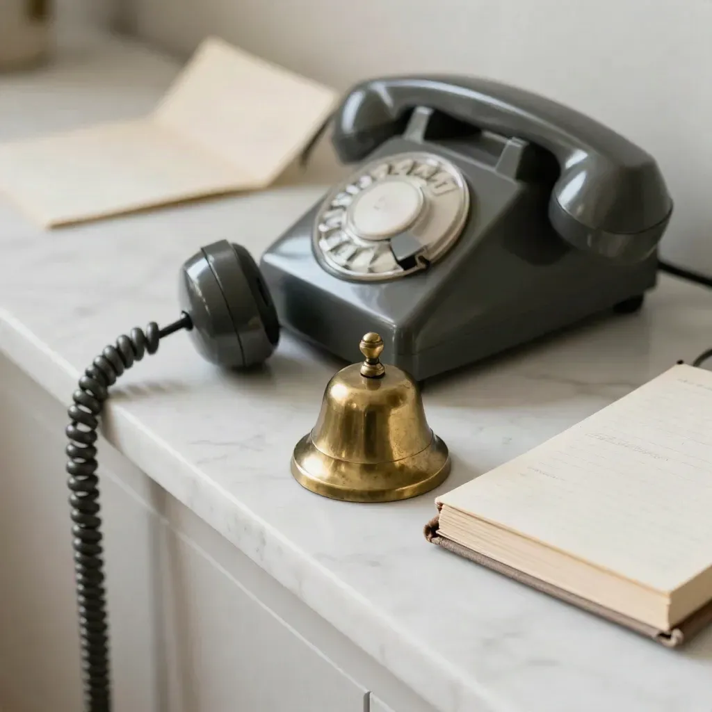Vintage handset, brass bell, and closed diary on marble ledge in soft daylight.