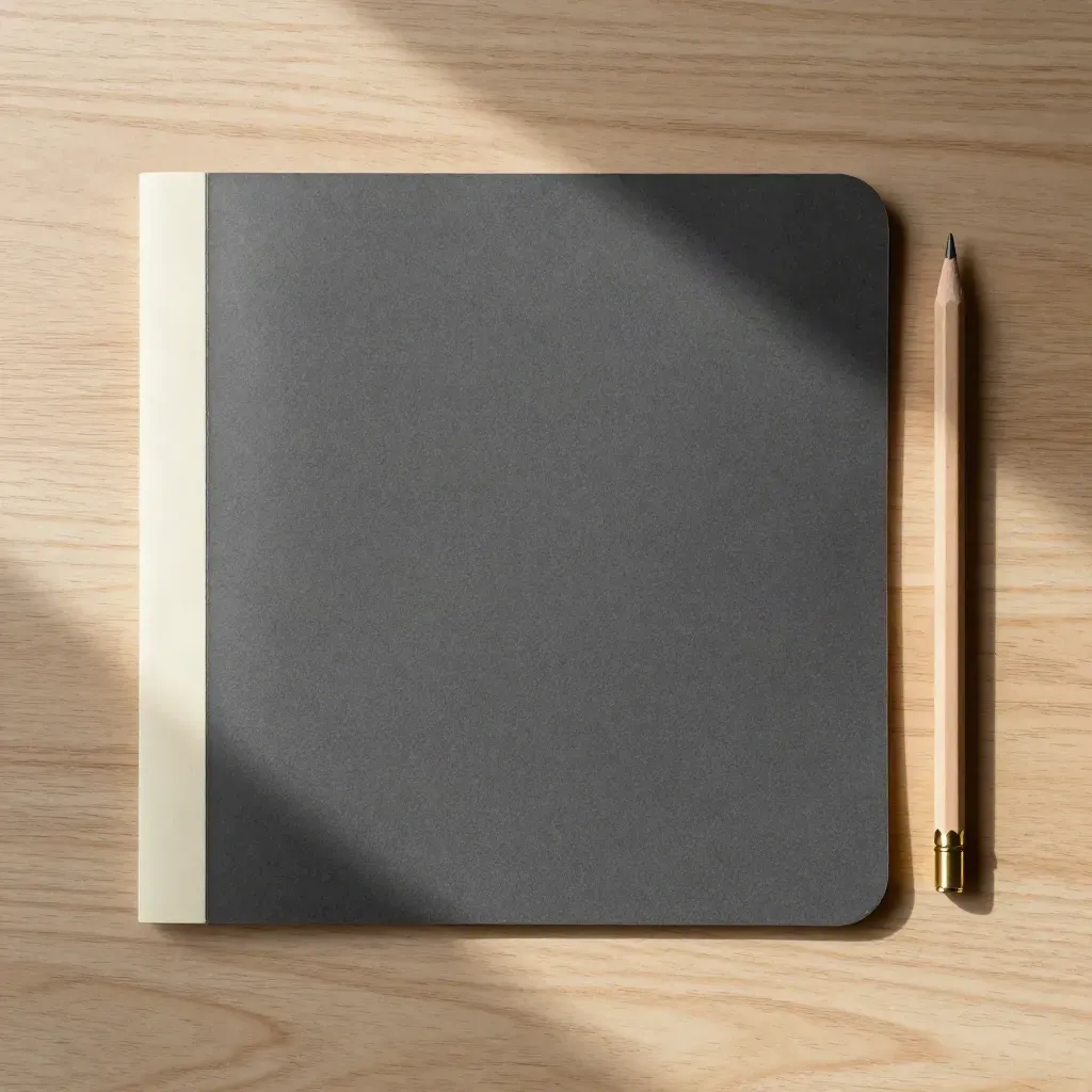 Overhead still life of a scene folder, pencil, and brass clip on pale oak, softly lit.