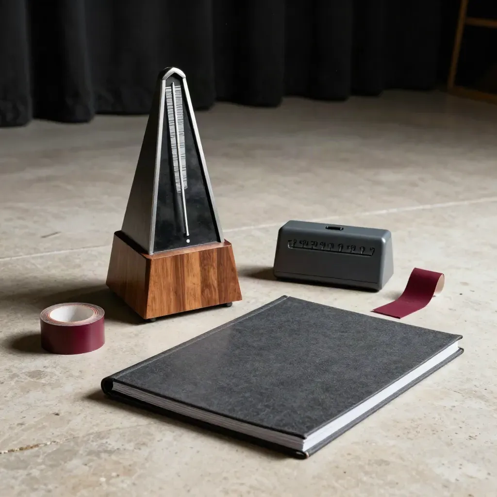 Metronome, timer, stage tape and binder on a rehearsal-room floor in soft side light.