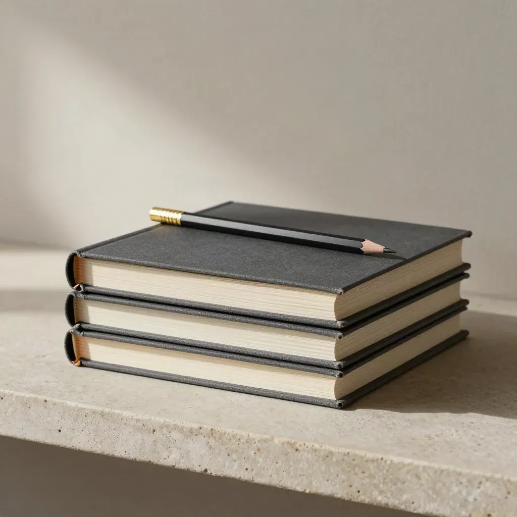Closed binder, pencil and brass clip on a stone shelf under soft lamp glow.