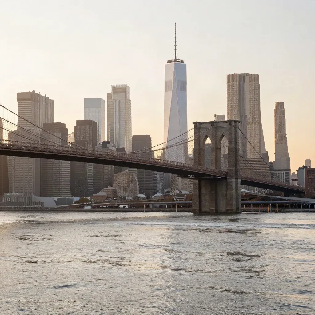 Brooklyn Bridge and Lower Manhattan at sunrise through river haze