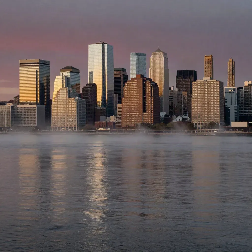 Jersey City and Hoboken skyline across the Hudson at golden hour with hazy reflections.