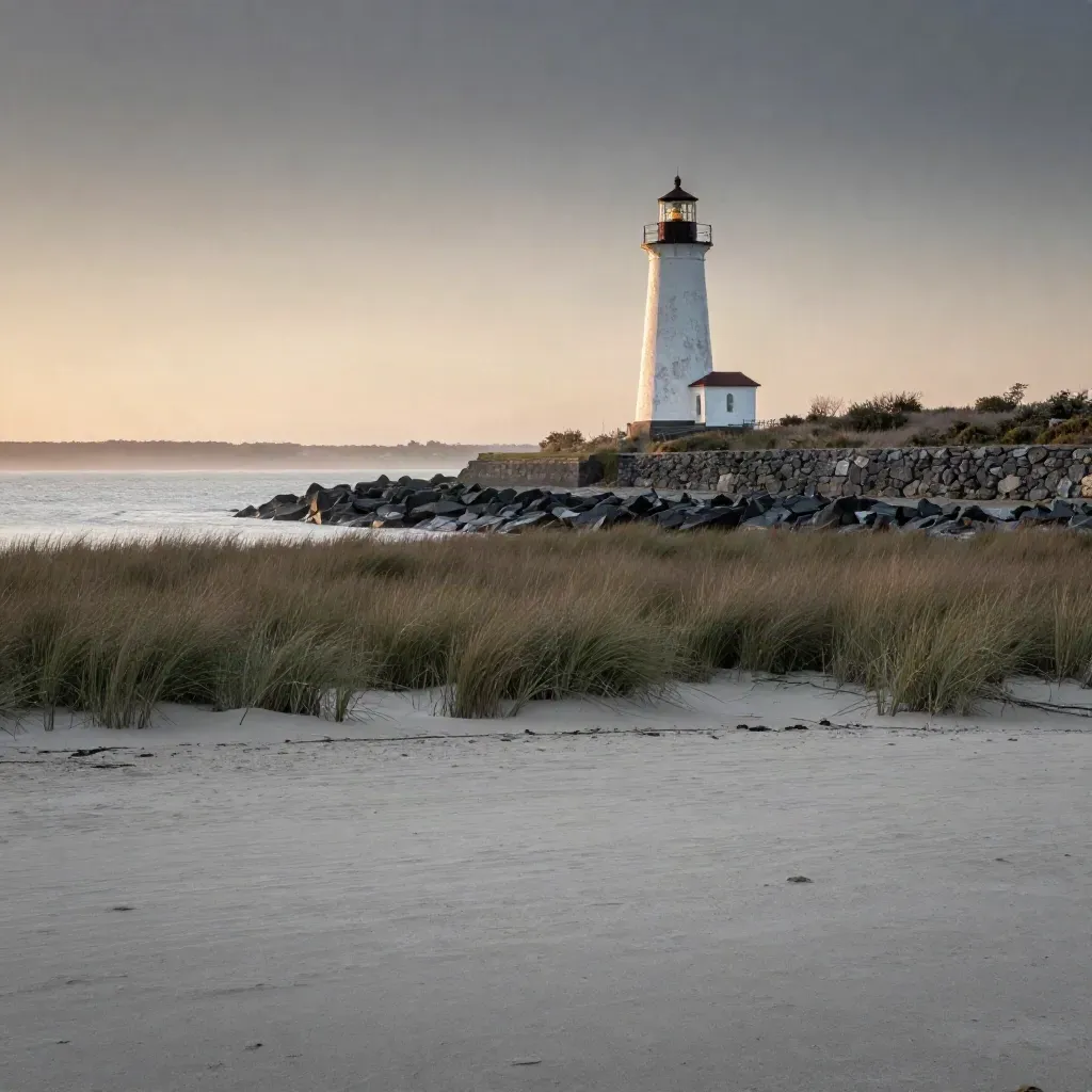 Connecticut coast with a lighthouse, stone seawall, and marsh at sunset.