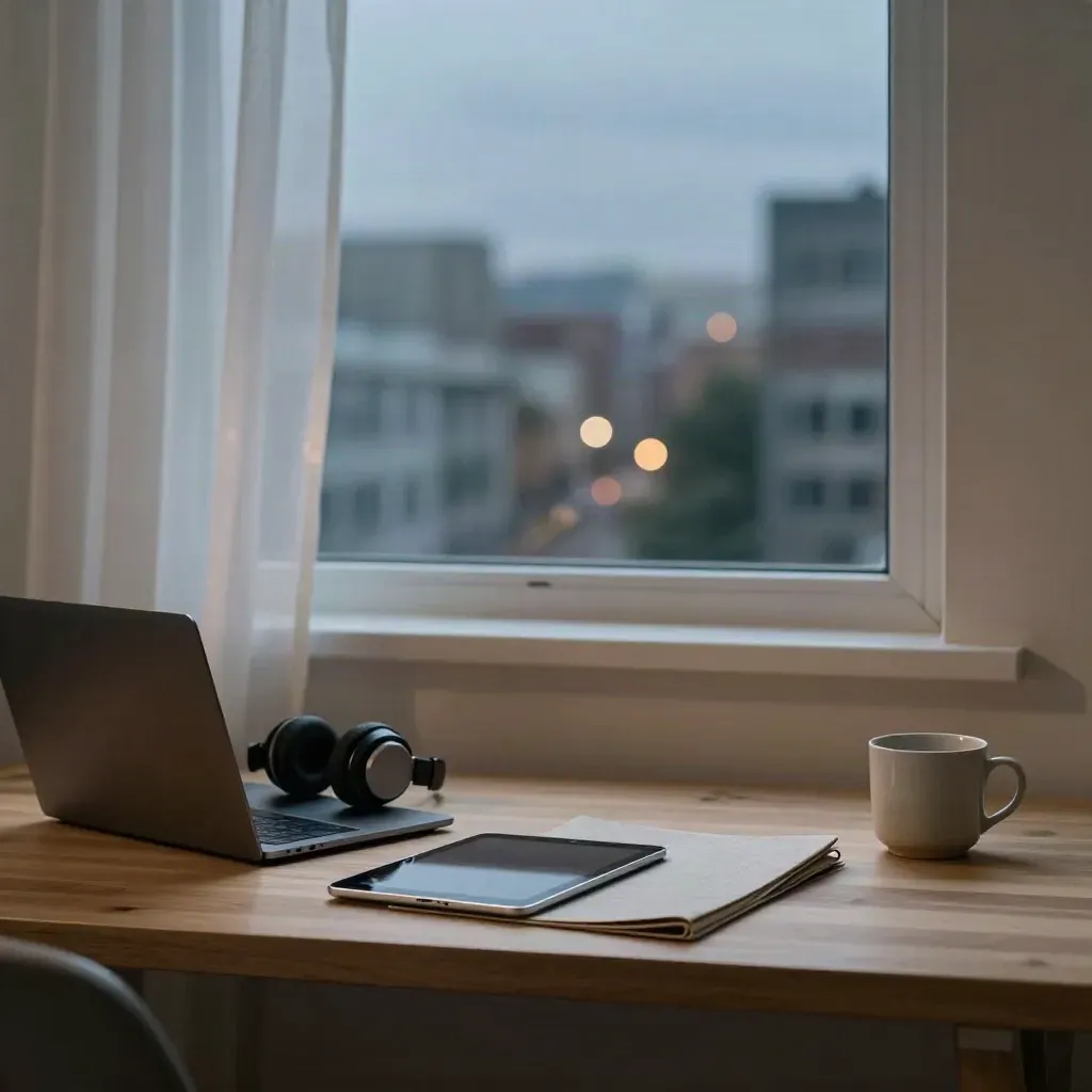 Quiet apartment window with laptop, headphones, curtains, and city lights at dusk