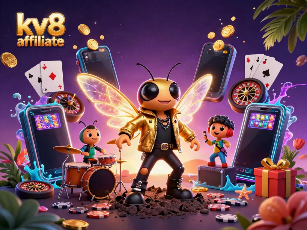 Promote the kv8 affiliate program with vibrant casino-themed characters and elements.