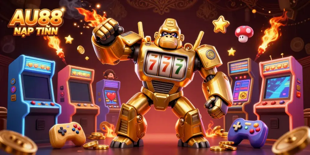 Engage with AU88 NẠP TIỀN in a vibrant casino scene featuring a golden gorilla mech and exciting game elements.