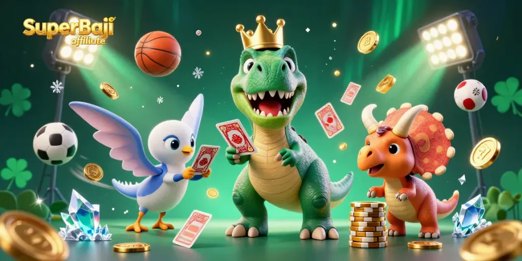 Engage with the SuperBaji affiliate program through this playful 3D illustration featuring a T-Rex, pterodactyl, and triceratops in a dynamic casino scene.