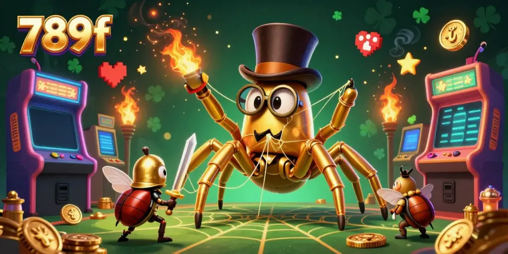 Experience thrilling gameplay with 789f featuring a golden tarantula and beetle knight in a vibrant casino.