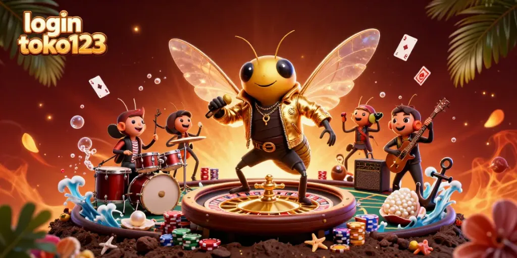 Join the fun with login toko123 at this vibrant casino scene featuring a rock star cicada!
