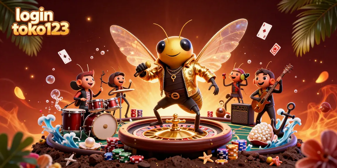 Join the fun with login toko123 at this vibrant casino scene featuring a rock star cicada!