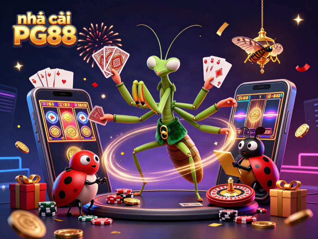 Experience the excitement of nhà cái PG88 with a vibrant 3D illustration featuring gaming action and symbols.