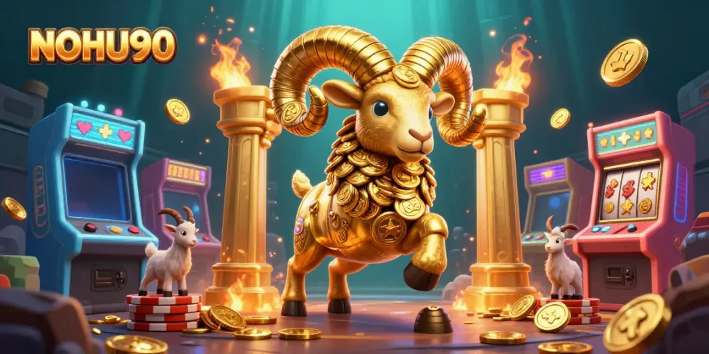 Experience thrilling gaming at NOHU90 with a dynamic 3D scene packed with lively casino elements.