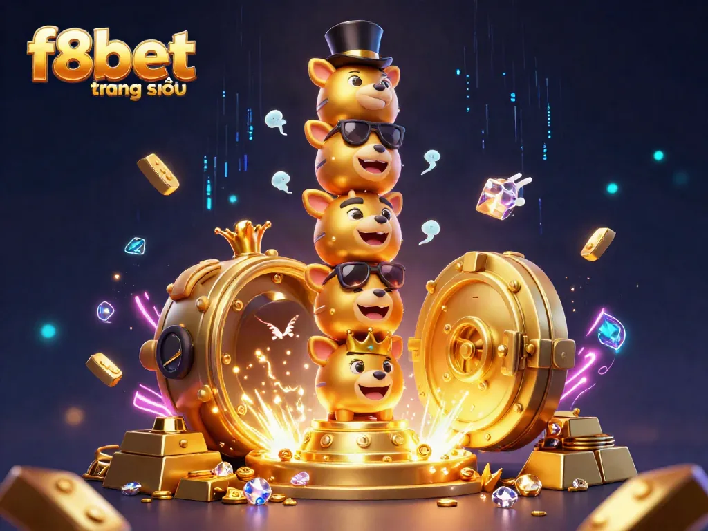 Experience the vibrant excitement of f8bet trang chủ with dazzling jewels, gold bars, and a golden totem pole in this 3D illustration.