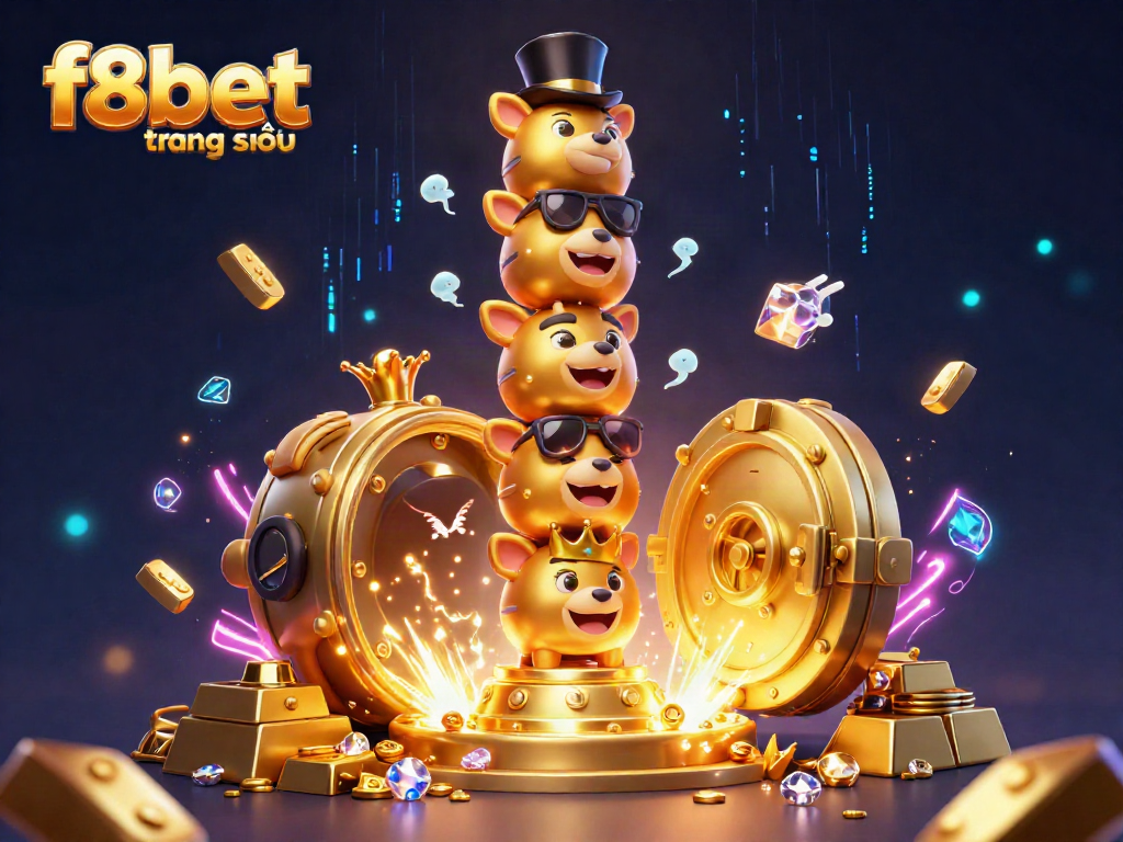 Experience the vibrant excitement of f8bet trang chủ with dazzling jewels, gold bars, and a golden totem pole in this 3D illustration.