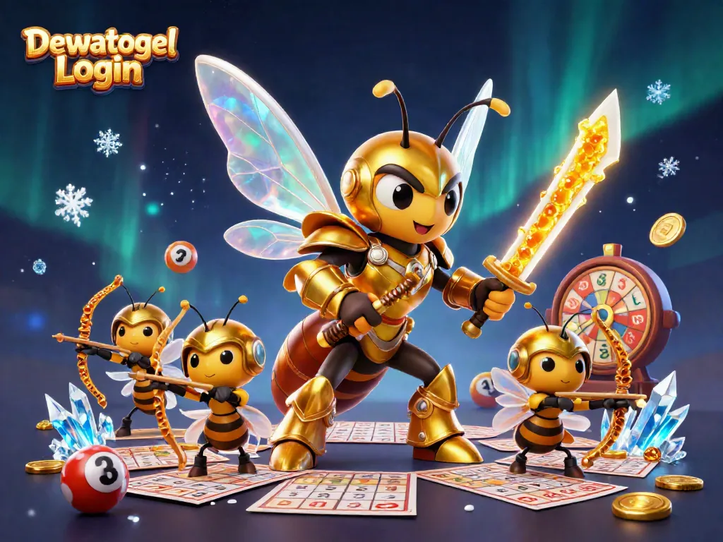 Dewatogel Login scene featuring a golden hornet in samurai armor surrounded by lottery elements, engaging trophy and action.