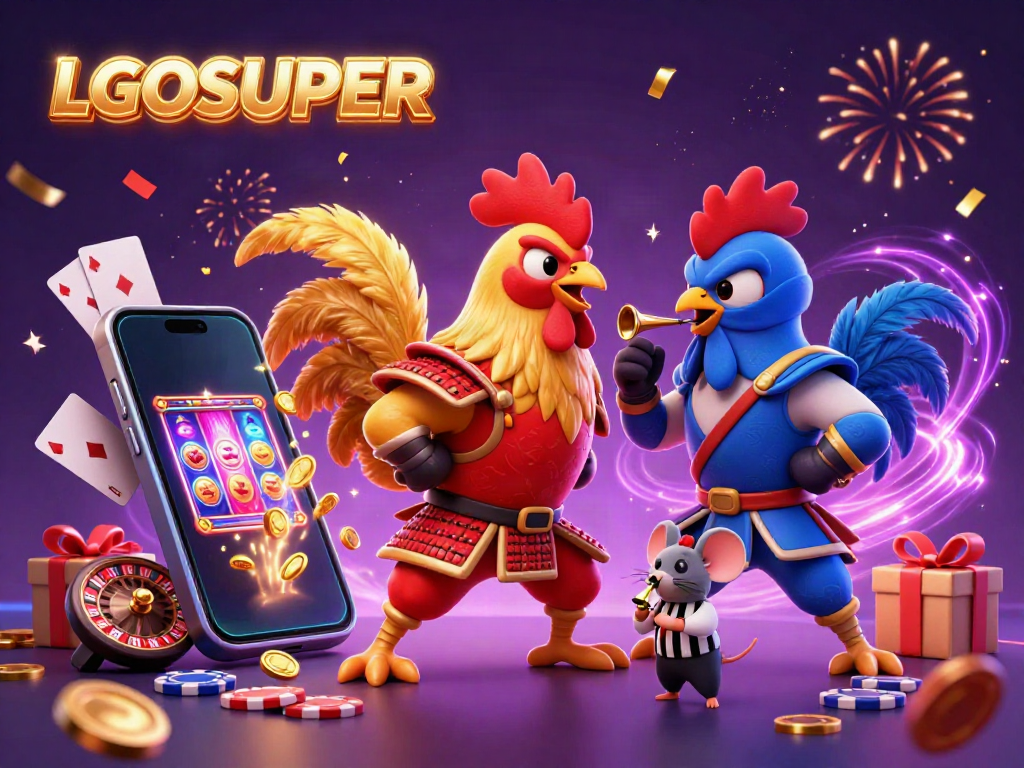Experience thrilling action with LGOSUPER through twin cartoon fighting roosters in a dynamic casino setting.