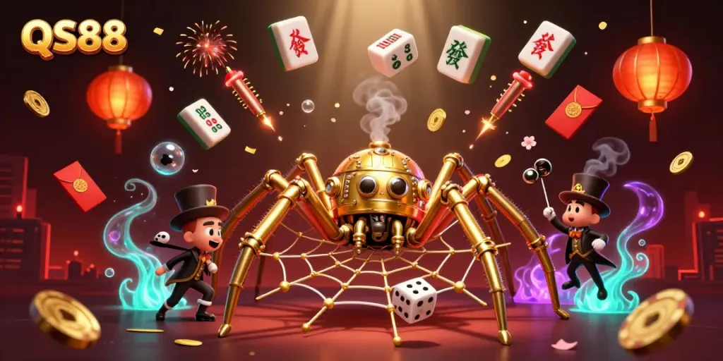 Experience thrilling gameplay at QS88 with a steampunk spider building a web of luck in a vibrant casino world.
