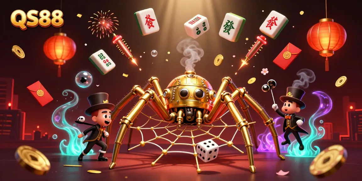 Experience thrilling gameplay at QS88 with a steampunk spider building a web of luck in a vibrant casino world.