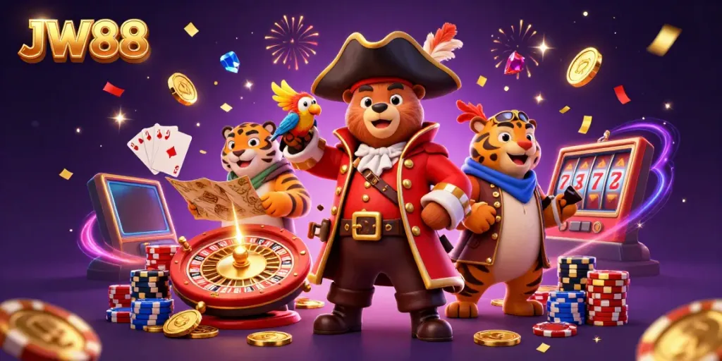 Experience the excitement of JW88 with lively characters amidst cascading coins and vibrant casino elements.