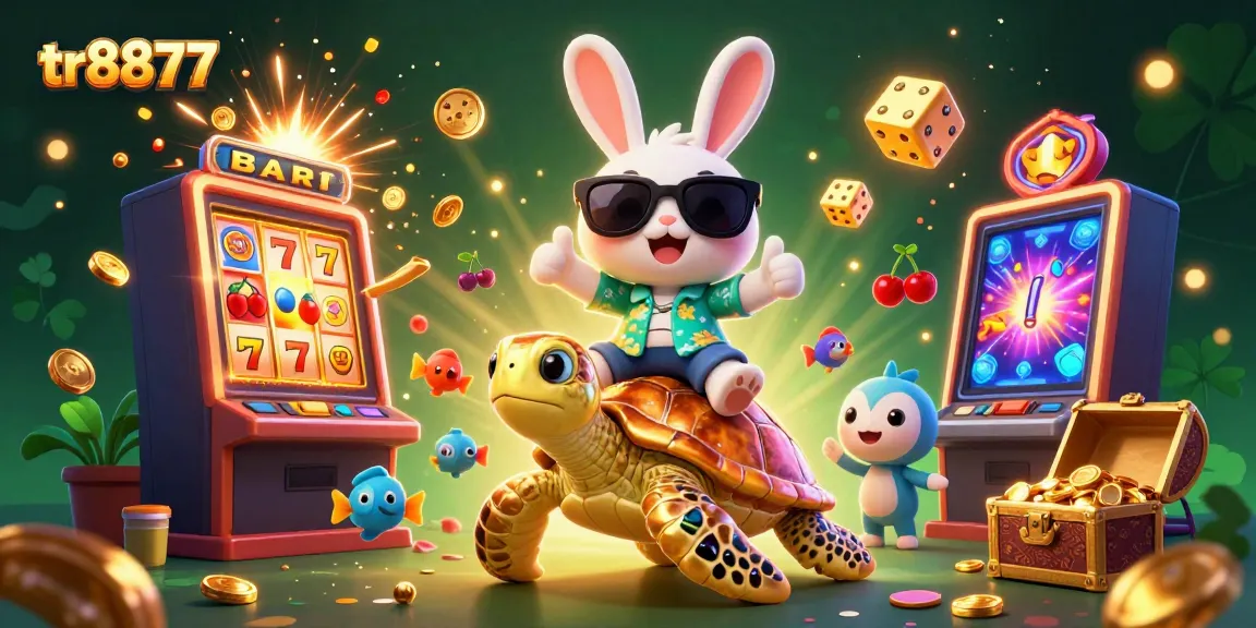 Experience excitement with the tr8877 jackpot explosion as a lucky rabbit rides a giant turtle in this vibrant casino scene.