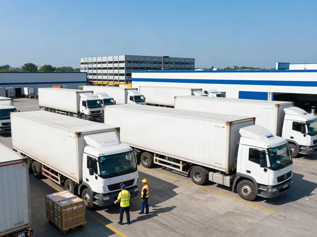 Komplettladung Spedition in einem Logistikzentrum mit verschiedenen Lkw, die Fracht verladen.