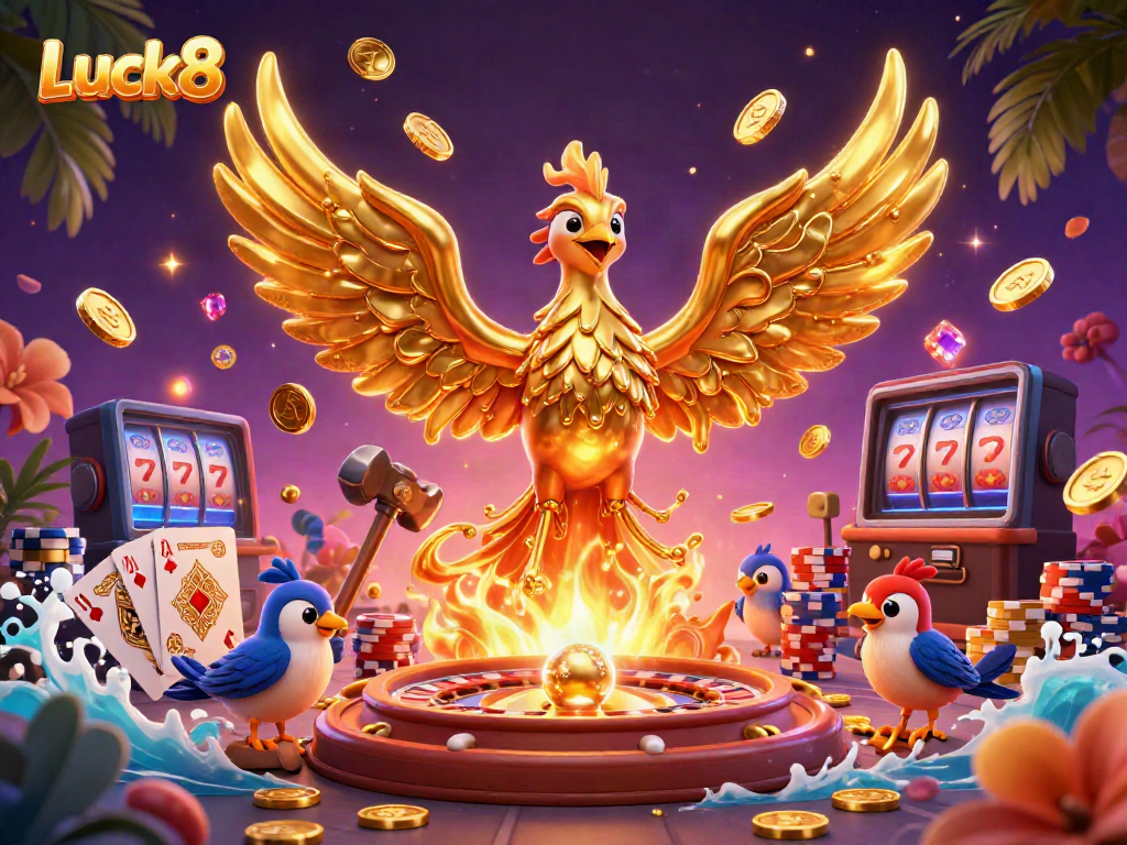 Experience Luck8 with a golden phoenix and stunning casino elements in a vibrant 3D scene.