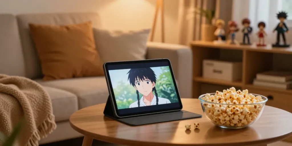 Personne profitant de l'application Senpai Stream dans un salon confortable avec des figurines d'anime.