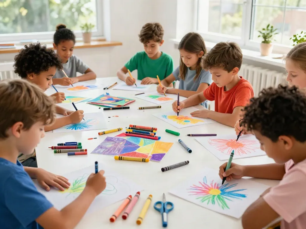Children using crayon manufacturers' products in an art studio.