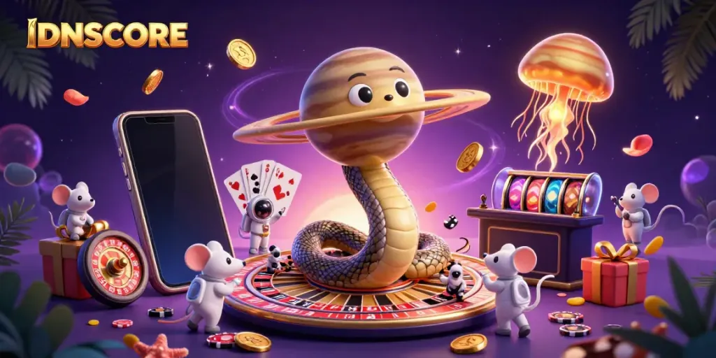 IDNSCORE offers a dynamic cosmic gaming experience with engaging mascot characters and vibrant game elements.