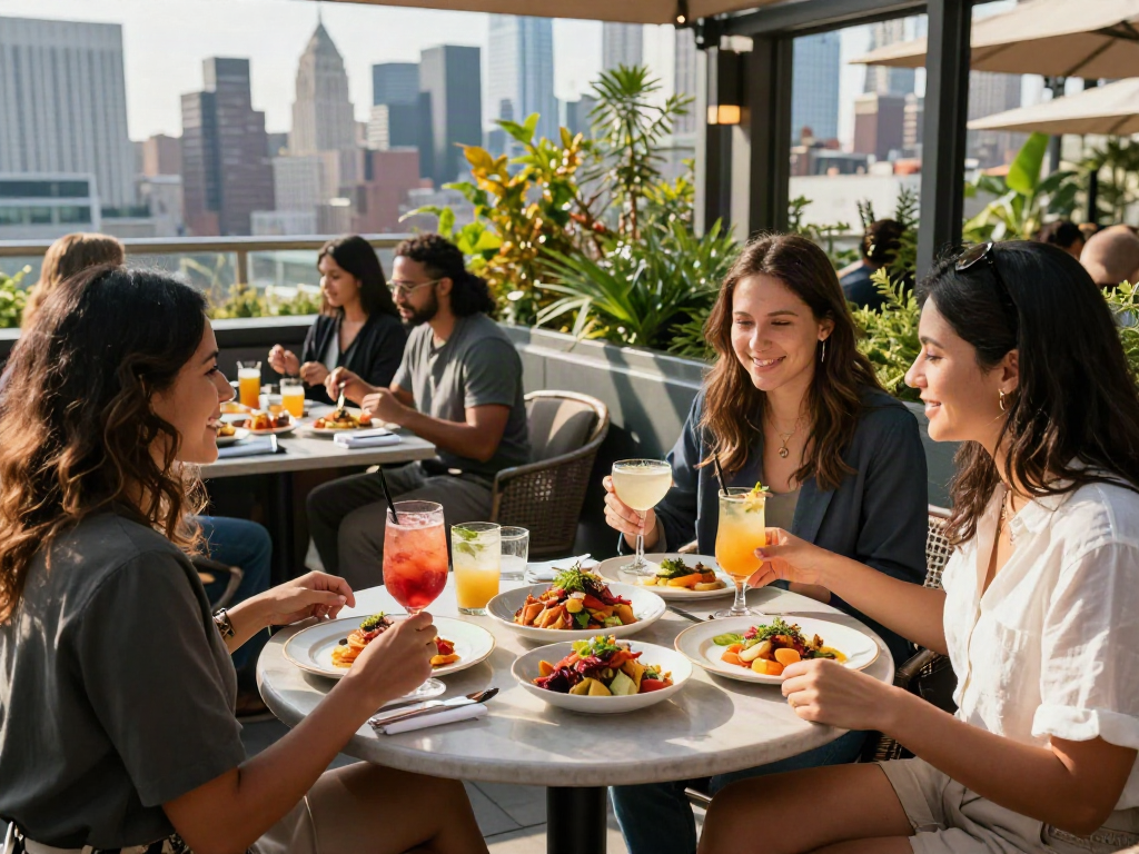 NoHu rooftop dining experience with guests enjoying brunch and skyline views.