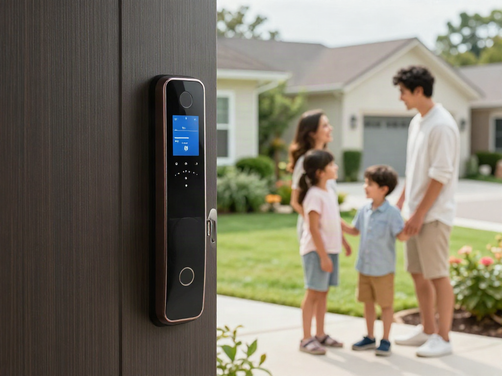 خرید قفل هوشمند showcasing a smart lock on a front door with family outside emphasizing safety.