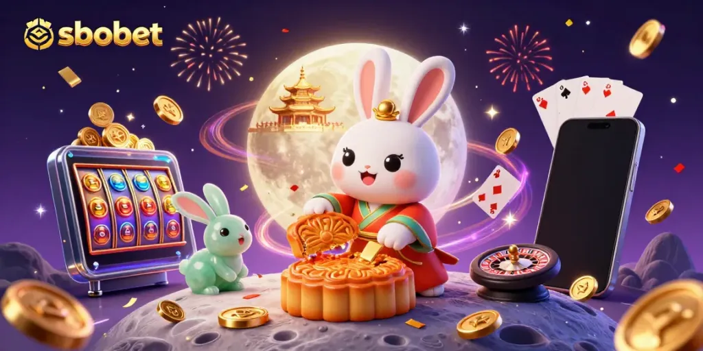 Experience sbobet with stunning visuals featuring a moon rabbit and poker chips in an enchanting scene.