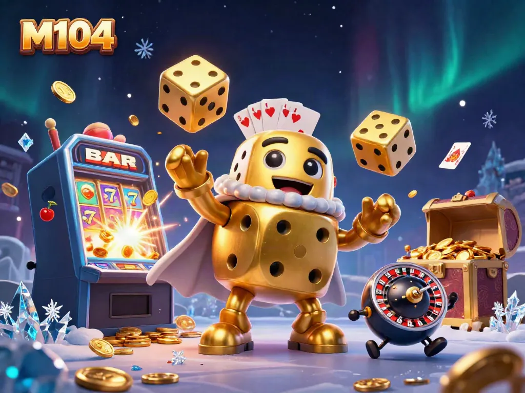 M104 showcases dynamic casino fun with a golden dice golem juggling dice amidst a bursting slot machine and colorful game elements.