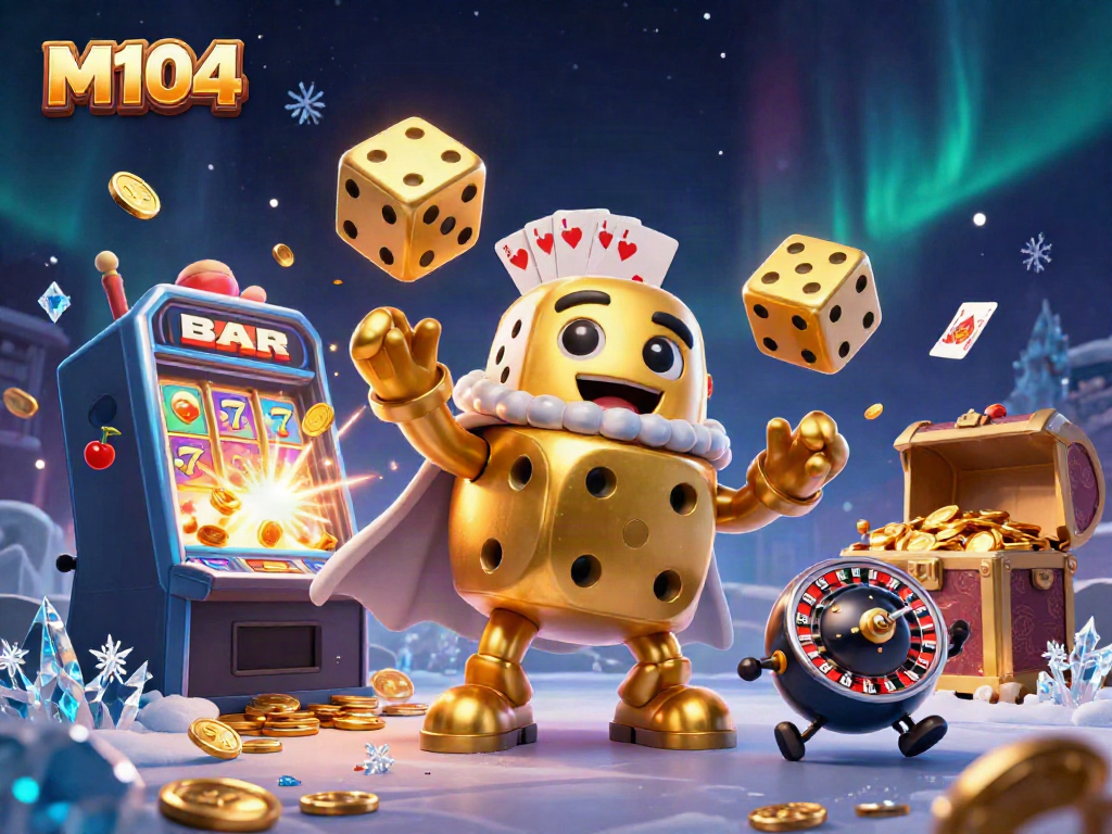M104 showcases dynamic casino fun with a golden dice golem juggling dice amidst a bursting slot machine and colorful game elements.