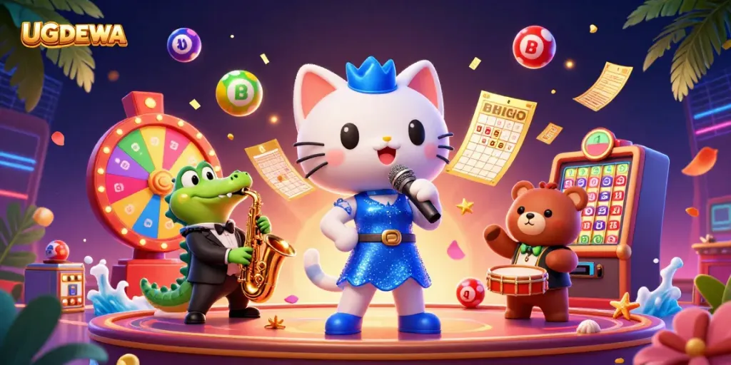 UGDEWA showcases a vibrant casino scene with a jazz-singer cat, saxophone crocodile, and a drum-playing bear, surrounded by dynamic lottery elements.