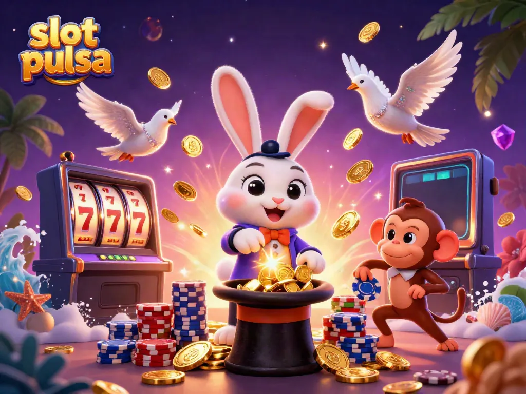 Ilustrasi 3D dengan tema slot pulsa menunjukkan kelinci magis, merpati glamor dan monyet nakal dengan elemen kasino