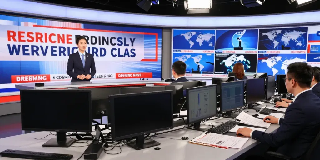 Journalist reporting breaking news in a vibrant newsroom setting.