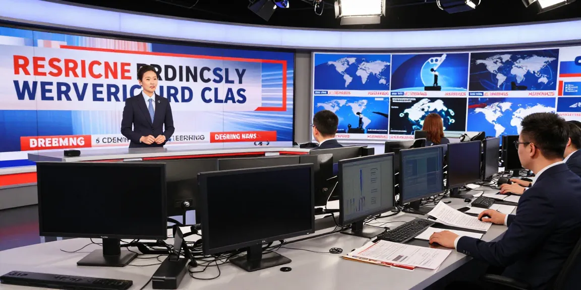 Journalist reporting breaking news in a vibrant newsroom setting.