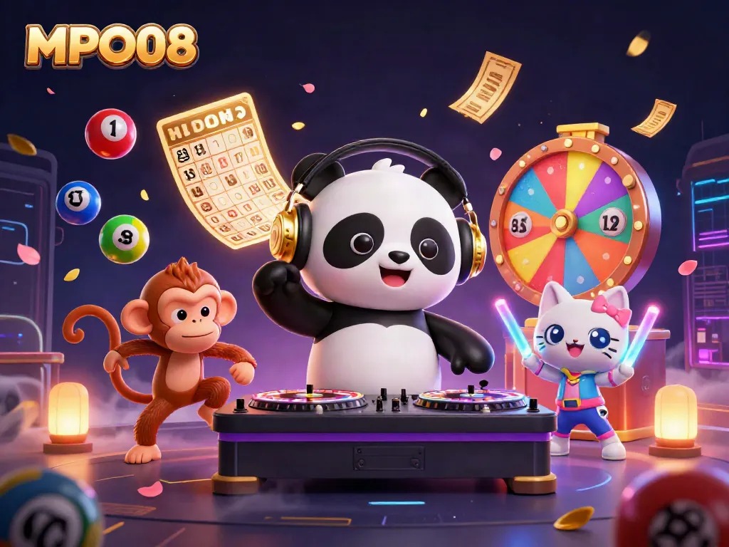 Capture the excitement of MPO08 with a DJ panda, dancing monkey, and kitten amidst vibrant casino elements.