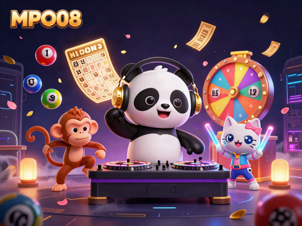 Capture the excitement of MPO08 with a DJ panda, dancing monkey, and kitten amidst vibrant casino elements.