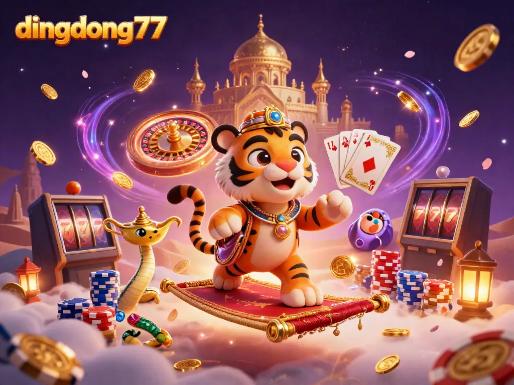 Experience the thrill of dingdong77 with a tiger sultan on a magic carpet amidst vibrant casino elements.