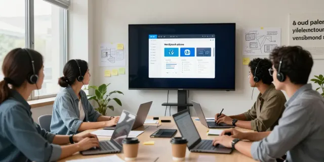 Team collaborating on a WordPress helpdesk plugin project in a modern office.
