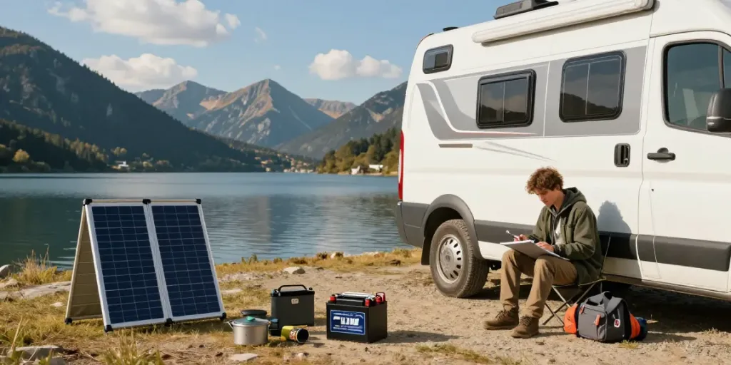 Enthusiast examining a lithium RV battery beside a camper van in a picturesque outdoor setting.