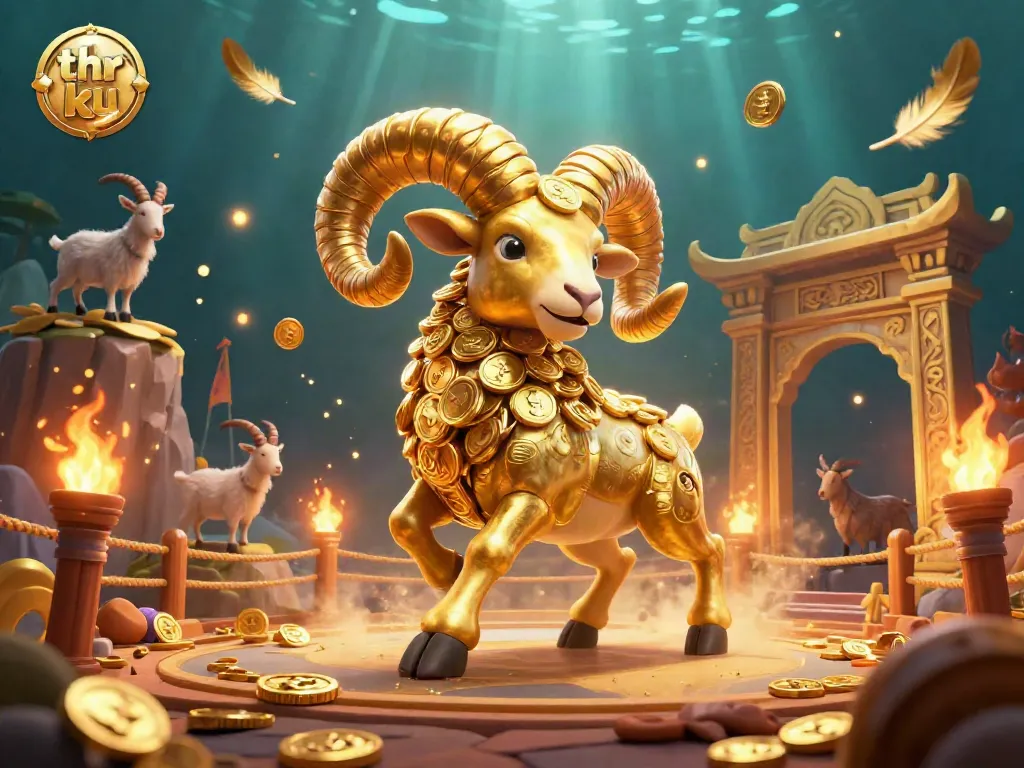 Immerse in the thrill of the game with the vibrant action of thr ku, showcasing a golden ram charging through a casino-themed arena.