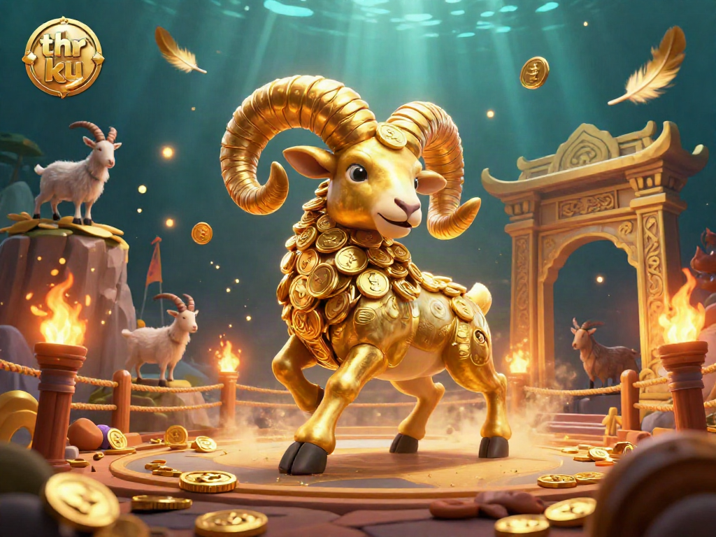 Immerse in the thrill of the game with the vibrant action of thr ku, showcasing a golden ram charging through a casino-themed arena.